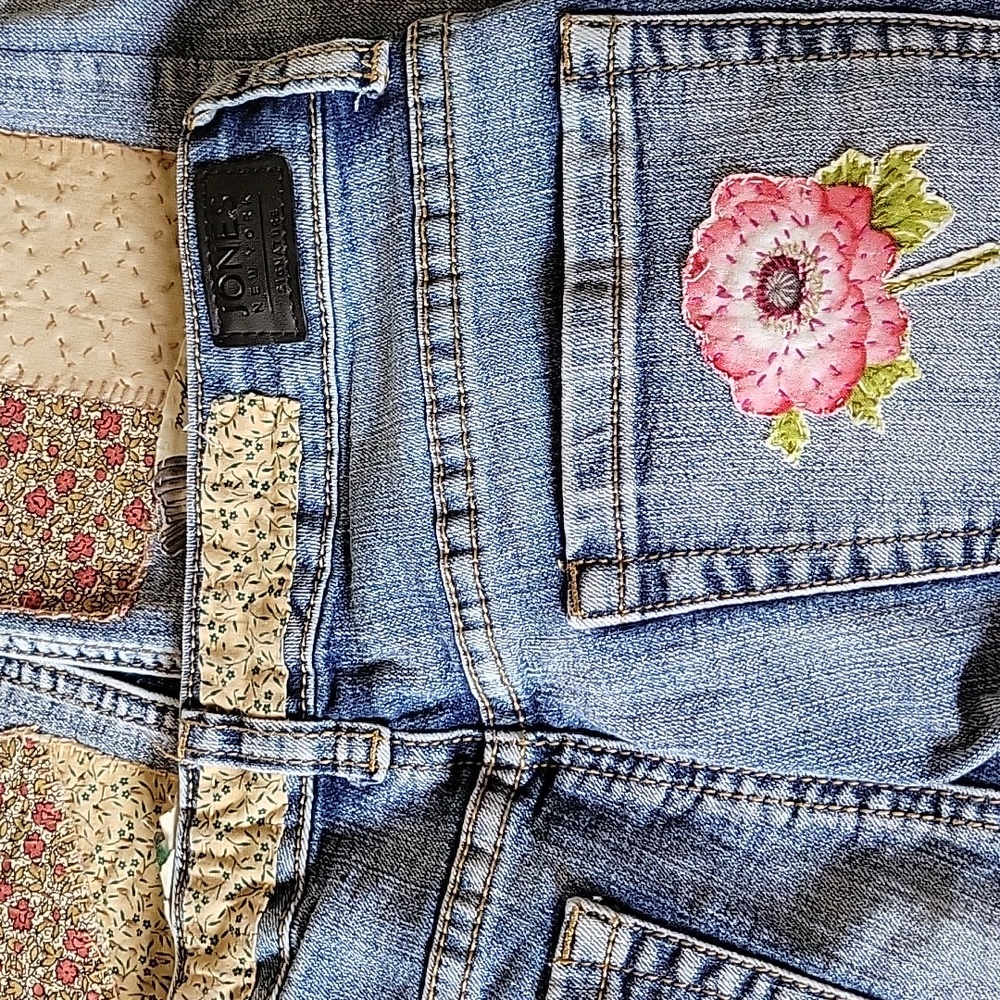 HAND CRAFTED Jeans UPCYCLED Blue Denim Patchwork Bird Floral Applique Size 6 - Picture 10 of 17